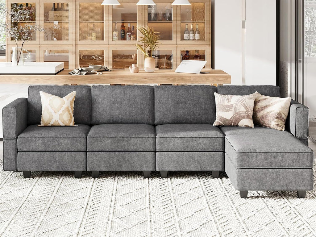 Modular Sectional Sofa with Chaise Convertible L Shaped Couch with Sotrage Ottoman. Dark Grey Couch