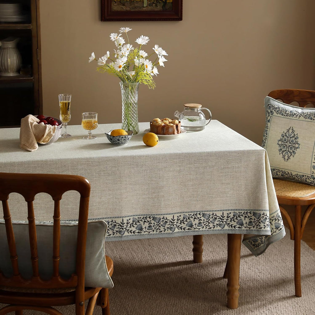 Designer Vintage Linen Elegant Rectangular Tablecloth,Chinoiserie Floral Indoor Table Cloth,Wrinkle 