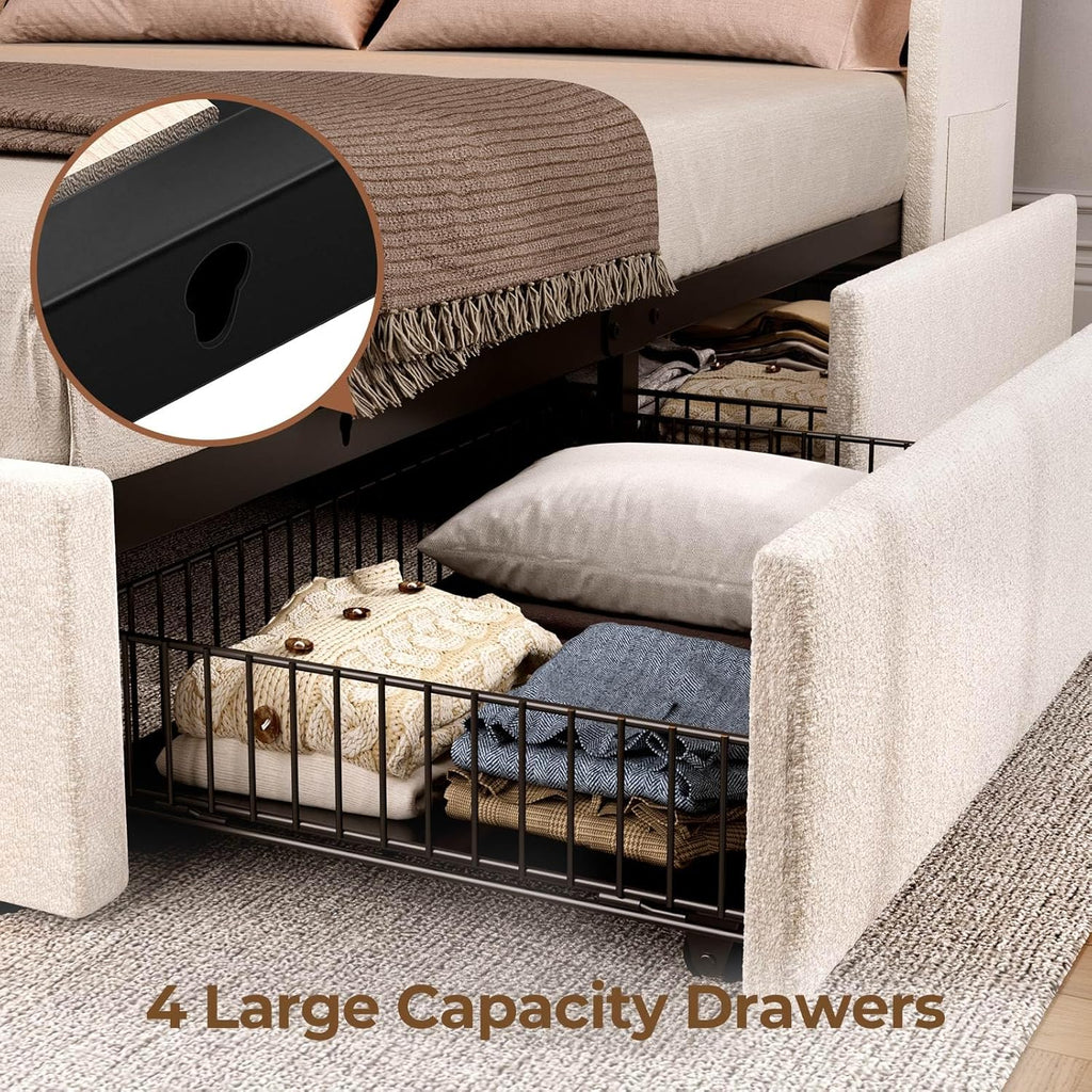 Queen Bed Frame with LED Lights and Charging Station, Upholstered Bed with Drawers, Wooden Slats, Noise Free