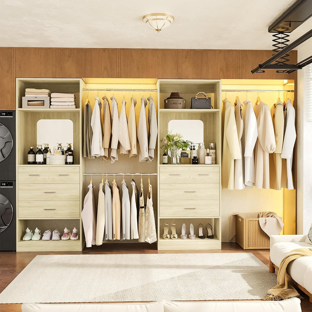 Closet System, 6-14FT Walk in Closet Organizer with 8 Drawers and Mirror, 168" Wood Closets Insert with Tower, Sturdy