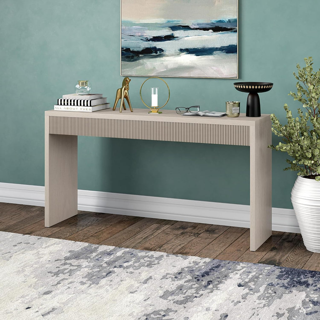 55" Rectangular Fluted Console Table, Ribbed Entryway Table, Sofa Table , Couch, Hallway, or Office, Beech White