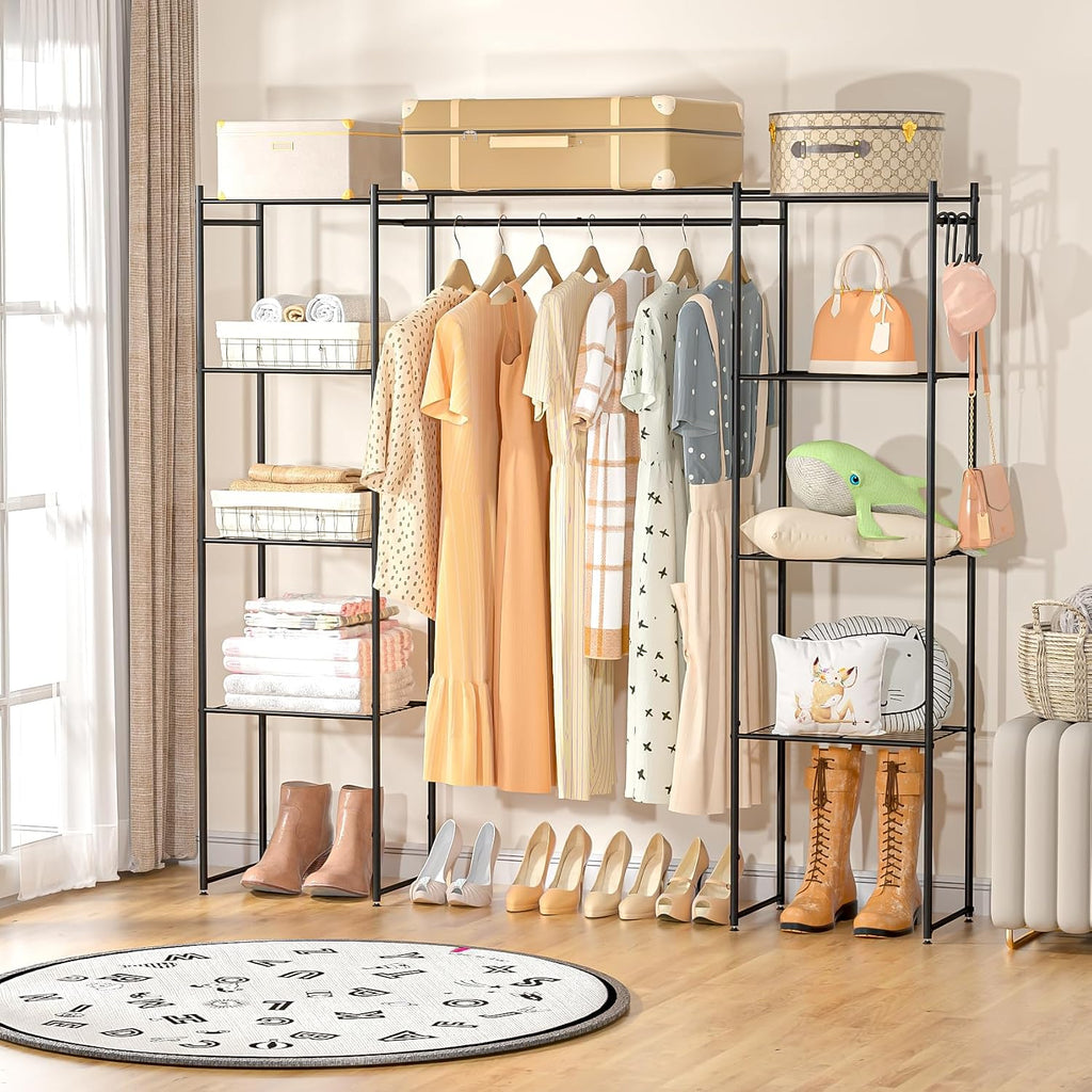 Portable Closet Wardrobe, Metal Clothing Rack with 8 Shelves & 1 Hang Rod, Free Standing Closet Rack for Hanging