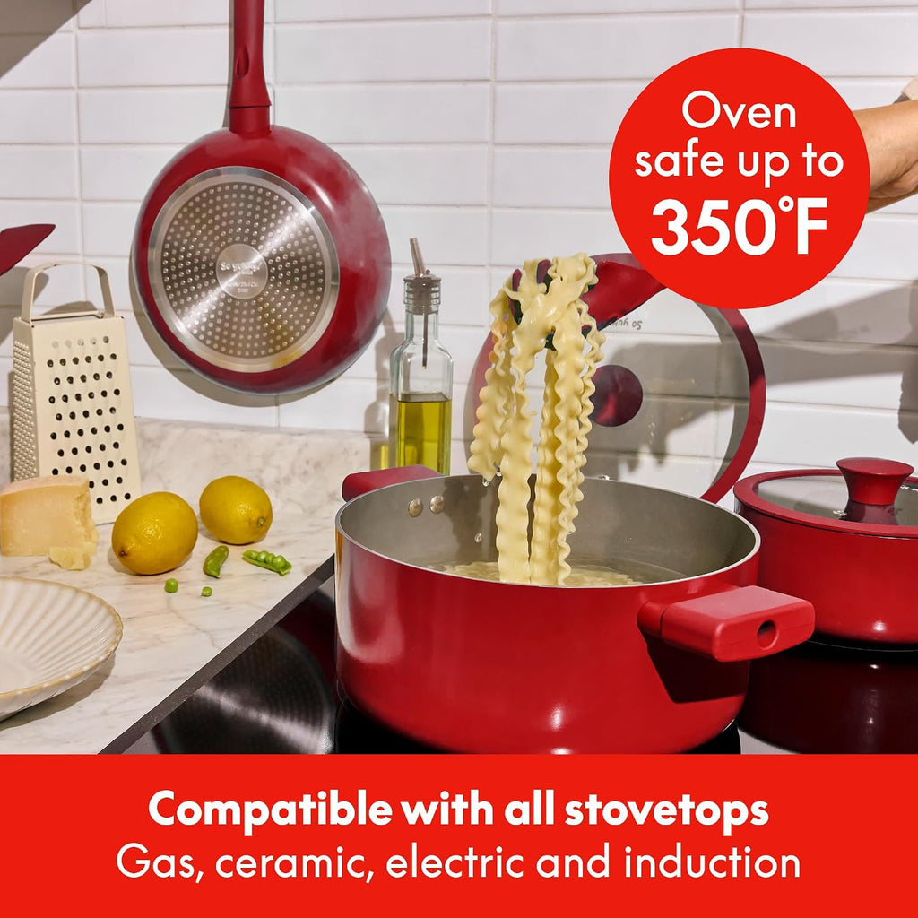 By bella 12 Piece Cookware Set w EverGoodTM Ceramic Nonstick Coating and Silicone & Wood Utensils, Dishwasher Safe