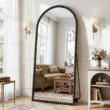 76" x 34" Arched Full Length Mirror, Antique Beaded Frame Floor Standing or Wall Mounted Mirror with Stand, Black