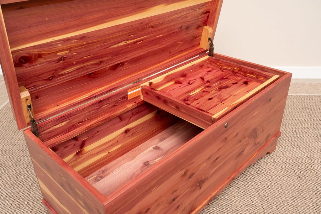 Cedar Hope Chest with Waterfall Top and Tray, Amish Made Wooden Storage Trunk Box , Blanket, Clothes, Anti-Slam