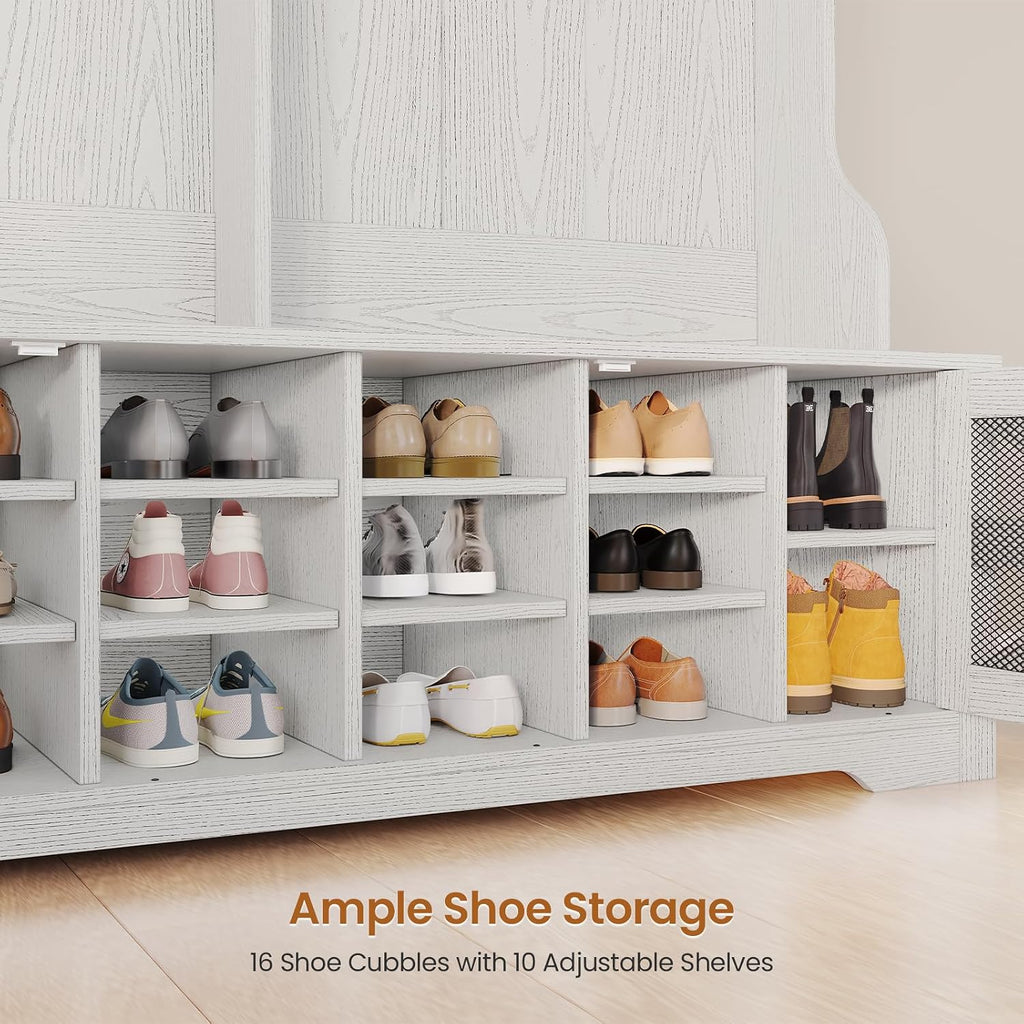 Hall Tree with Bench and Shoe Storage, 5-in-1 Entryway Bench with Coat Rack, 16 Shoe Cubbies & 12 Coat Hooks, Barn