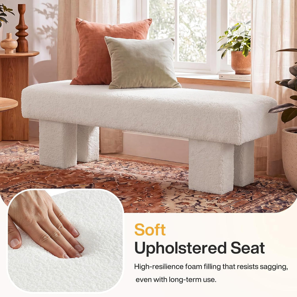 59" White Upholstered End of Bed Bench, Long Bench | Modern Bench for King Bed, High Resilience Entryway Bench ,Teddy
