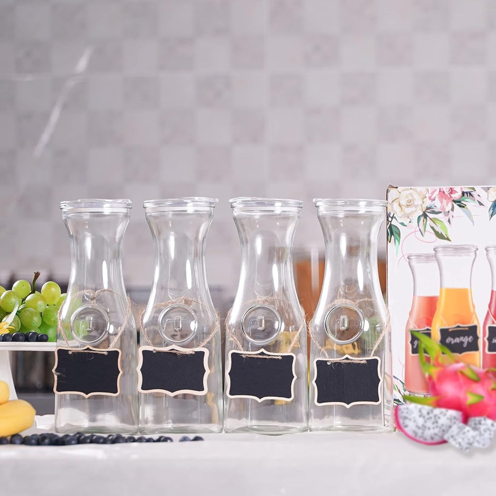 Set Of 4 Glass Carafes & Pitchers For Mimosa Bar Supplies, 1 Liter Beverage Glass Carafe With Lids For