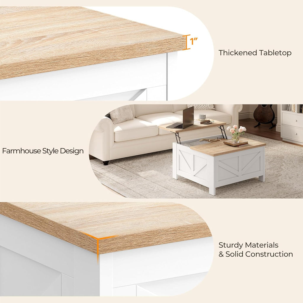 Farmhouse Lift Top Coffee Table with Storage, Square Coffee Table