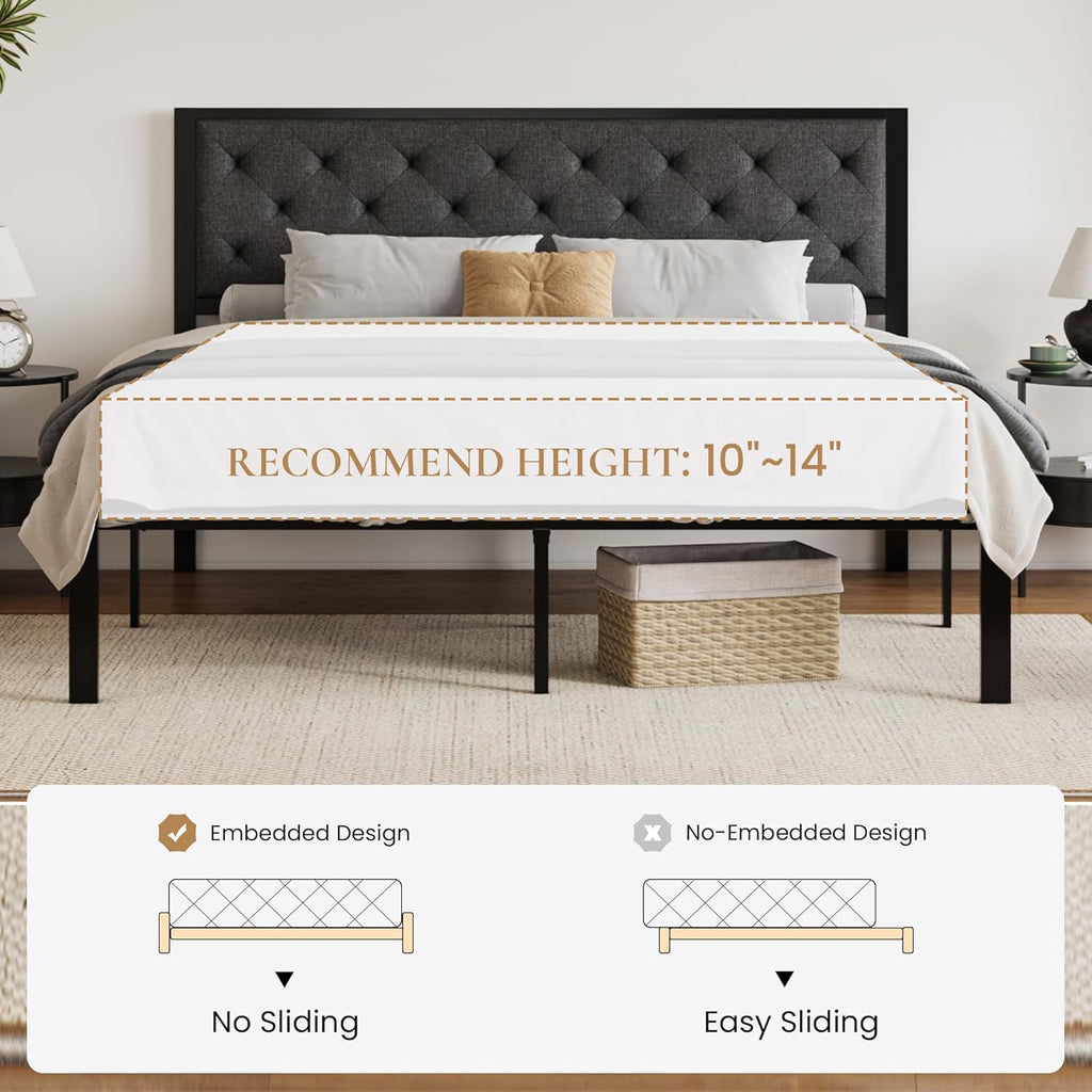 King Metal Platform Bed Frame,Linen Upholstered Button Tufted Headboard