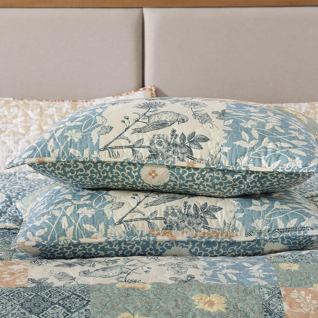 Quilt Set - 3 Pieces Patchwork Green Quilt Bedding Set, Lightweight Bedspread Coverlet, Reversible Floral