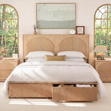 Queen Bed Frame with 52.4" Tall Headboard, Fluted Bed Frame with 2 Storage Drawers, Modern Arched Reeded Wood Beds