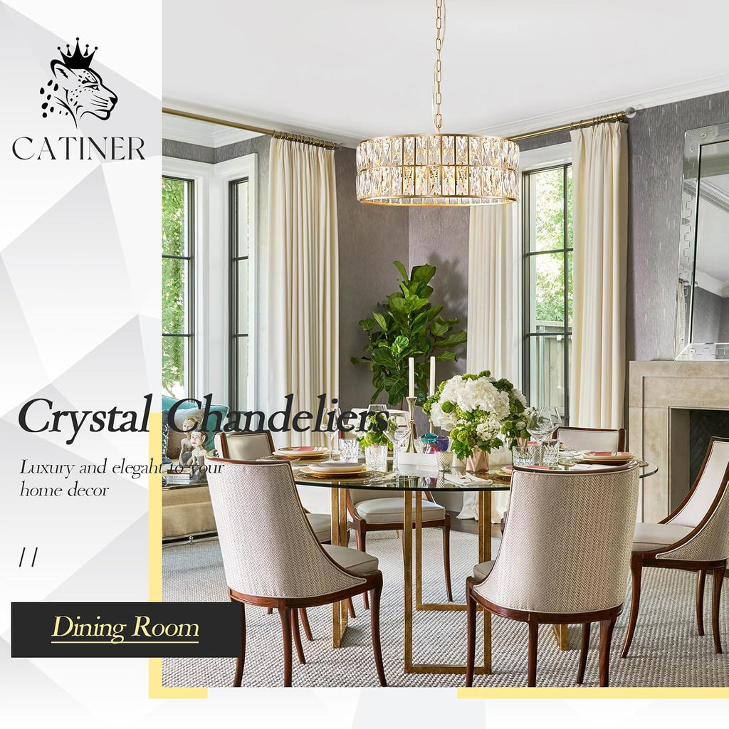 Modern Crystal Chandelier for Dining Room Gold Semi Flush Mount Ceiling Light Fixtures 18" Large Round Crystal