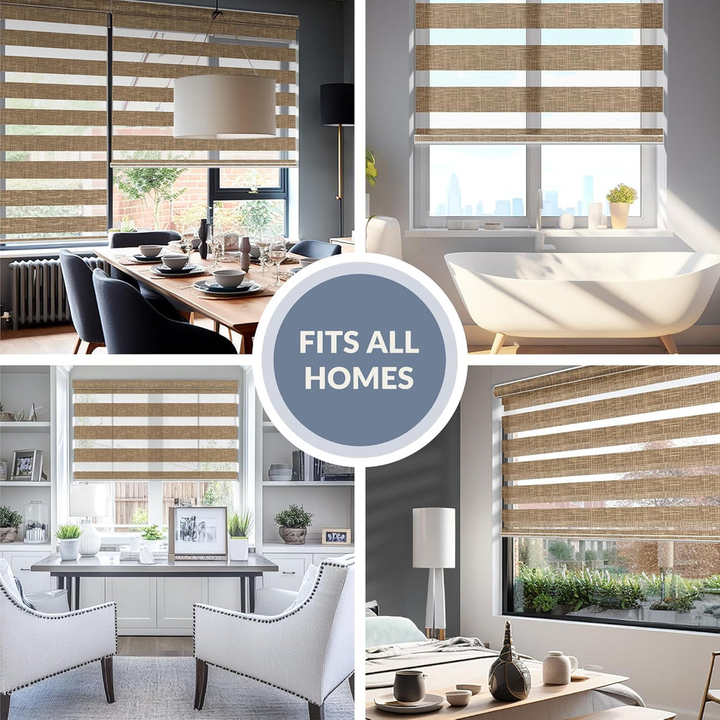 Cordless Zebra Blinds for Windows, Free-Stop, Dual Layer Zebra Blinds for Indoor Windows, Filtering Light Control for Day & Night, Sheer Shades for Home or Office, Sand Brown, Custom Sizes