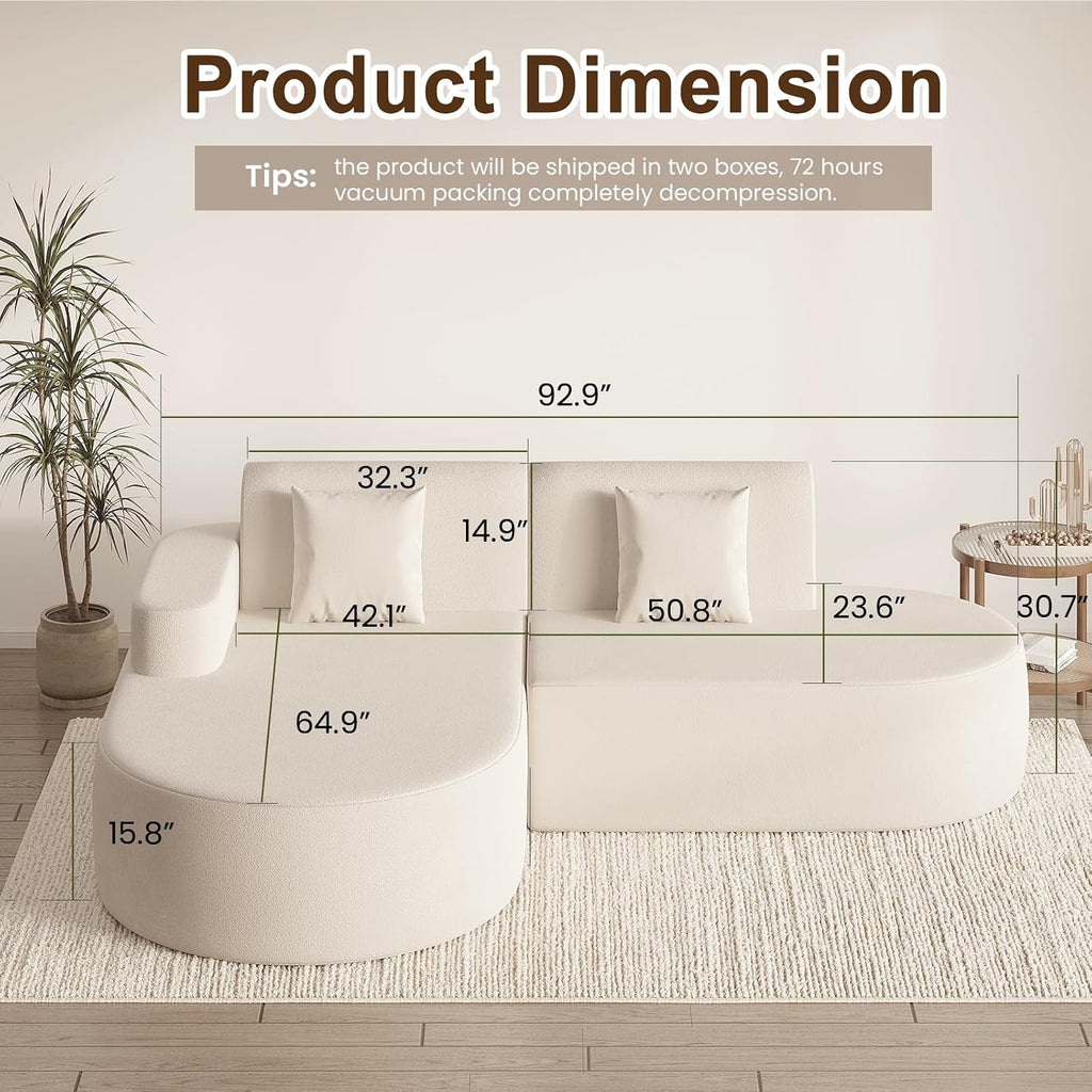 Modern Curved Boneless Sofa Couch, L-Shaped Corner Sofa, No Assembly Needed, Chenille Upholstered Cloud Sectional