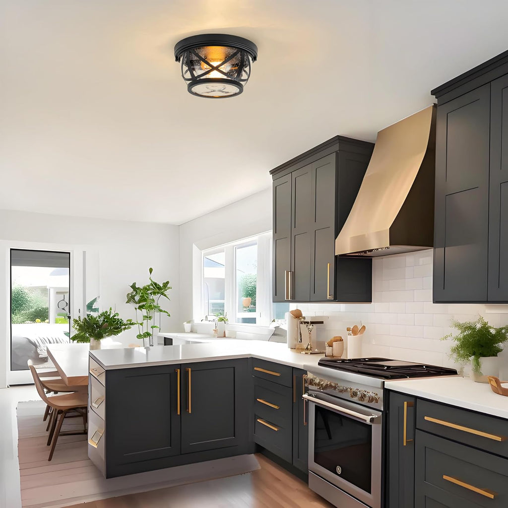 Flush Mount Ceiling Light Fixture Black, 2-Light Modern Farmhouse Porch Light Ceiling Mount for Outdoor