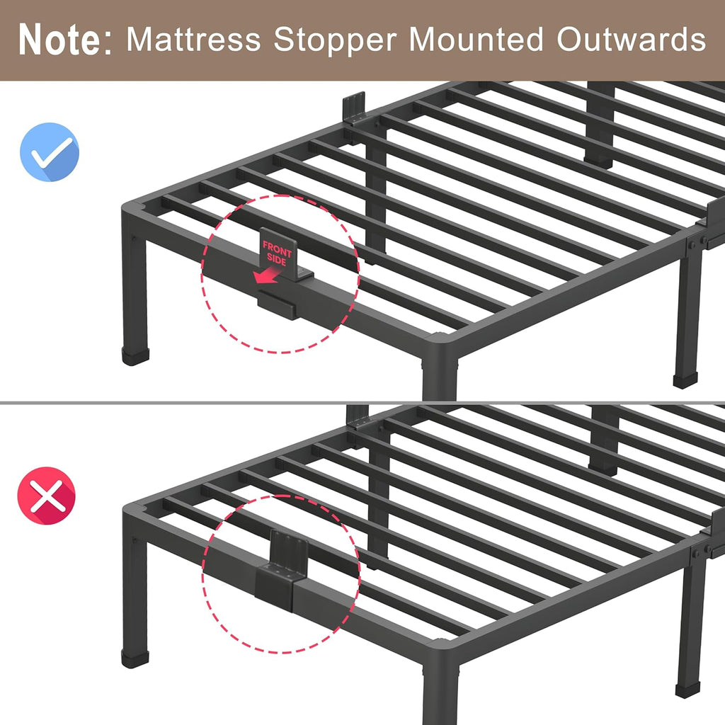 18 Inch Queen Bed Frame with Rounded Corner and Headboard Hole Mattress Retainers 3500LBS Metal Heavy Duty Steel Slats