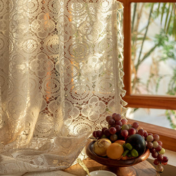 Boho Lace Curtains 63 inch Long 2 Panels -Vintage Floral Crochet Sheer Panels with Tassel Bedroom Light Filtering