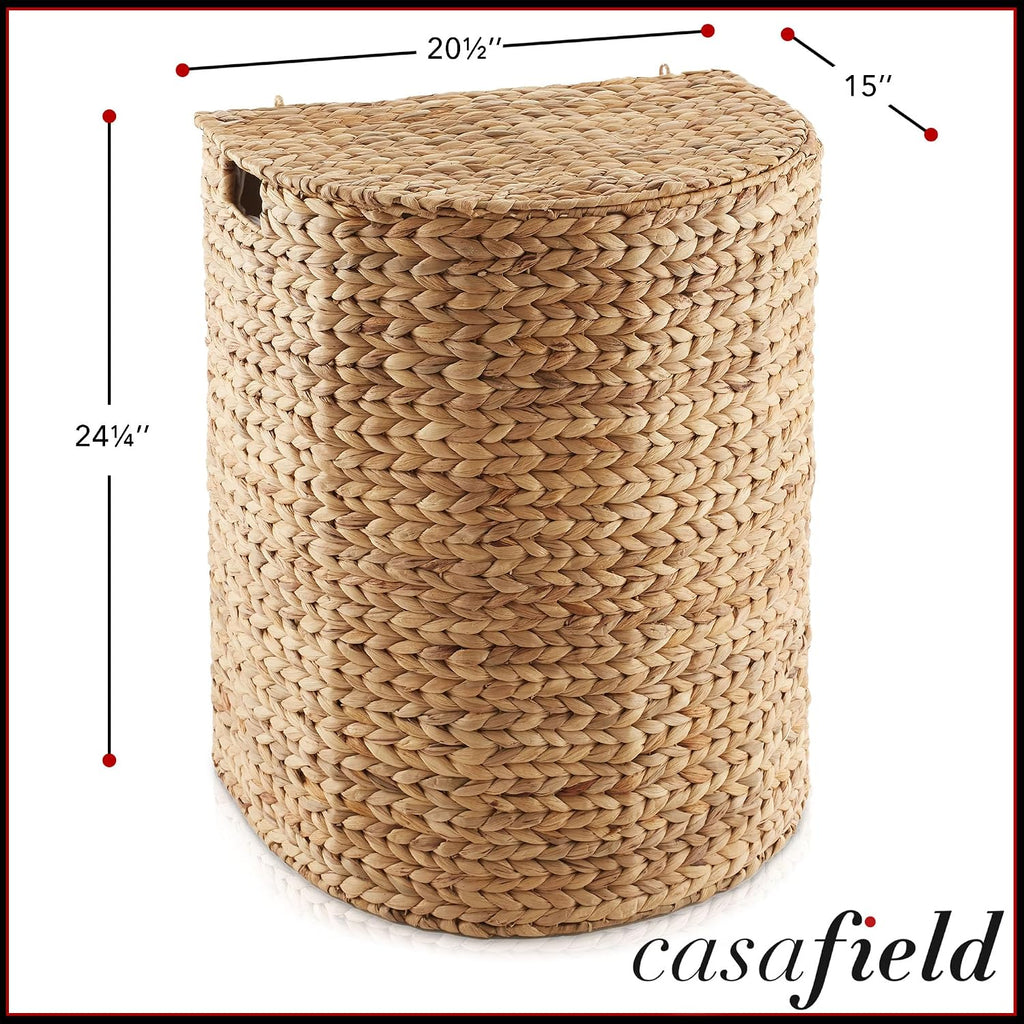 Half Moon Laundry Hamper with Lid and Removable Liner Bag - Natural, Woven Water Hyacinth Laundry Basket for Clothes