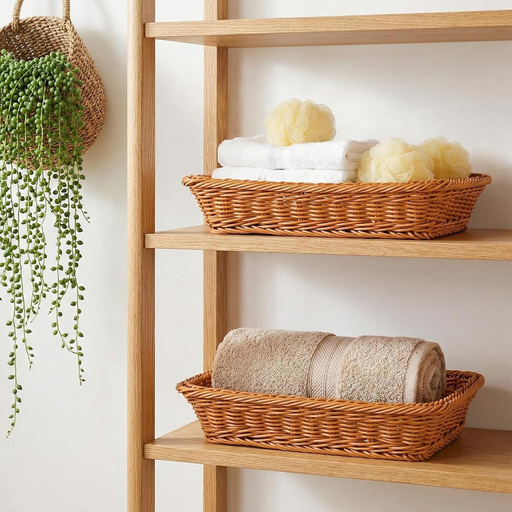2 Pack Imitation Rattan Bread Basket with Lid, Woven Tabletop Food Serving Basket, Poly-Wicker Fruit Basket for