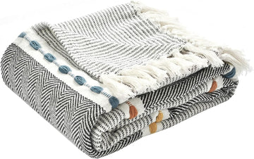 Herringbone Stripe Woven Tassel Yarn Dyed Cotton Throw Blanket 50" W x 60" L Black & Multi - Striped Throw Blankets