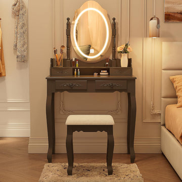 Vanity Desk with Mirror and Lights, Makeup Table with Cushioned Stool Set | Modern Vanity with 4 Drawers, 3 Color