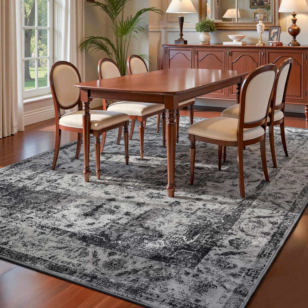 Boho Washable Rug 8x10, Black Vintage Non Slip Area Rug, Distressed Indoor Carpet for Living Room Bedroom Kitchen Office