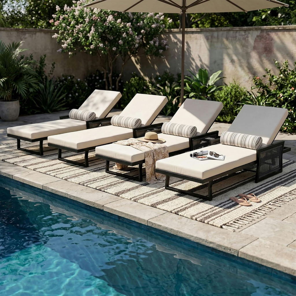 Patio Chaise Lounge with Cushion, Adjustable Outdoor Lounge Chair Featuring Woven Rope Armrests, Iron Frame, Built-in