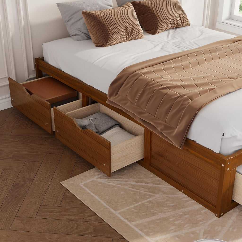 Japanese Platform Bed with 6 Storage Drawers, No Headboard (Walnut, Queen)