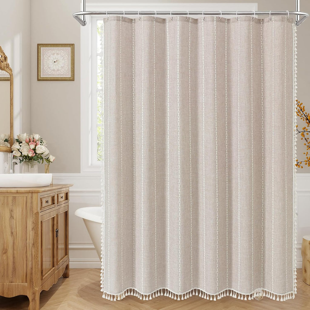Boho Farmhouse Fabric Shower Curtain, Tan Brown Modern Polyester Linen Shower Curtains for Vintage Rustic Bathroom