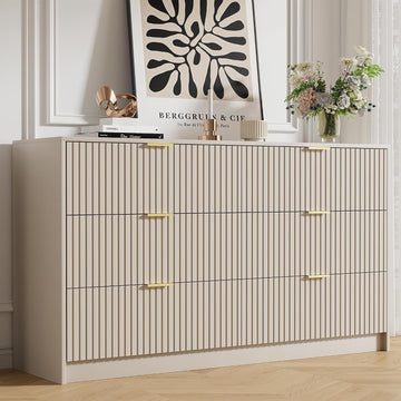 Beige Dresser , Modern Dresser with 6 Drawers and Smooth Slides, Wide Chest of Drawers with Golden Handles , Closet