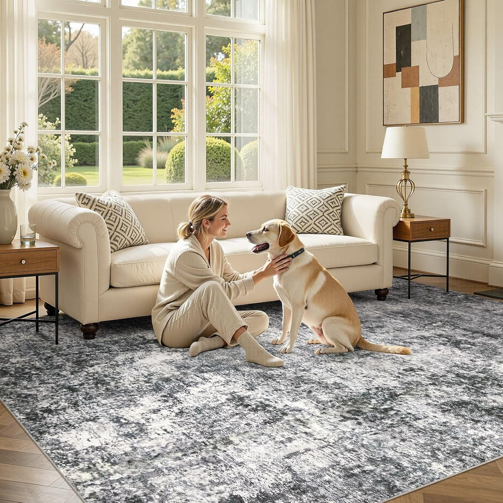 Area Rug Living Room Rugs 10x14 Washable Abstract Grey Carpet