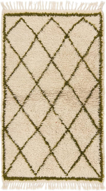 Handmade Moroccan Berber Area Rug 5' x 7', 100% Wool High Pile Shag, Beni Ourain Style, Ivory/Cream with Green