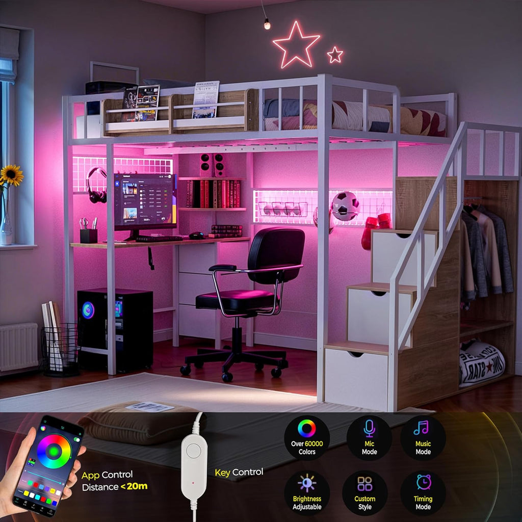 Twin Loft Bed with Desk, Storage Stairs & Wardrobe, Metal Loft Bed Frame w/Headboard, Bedside Shelf