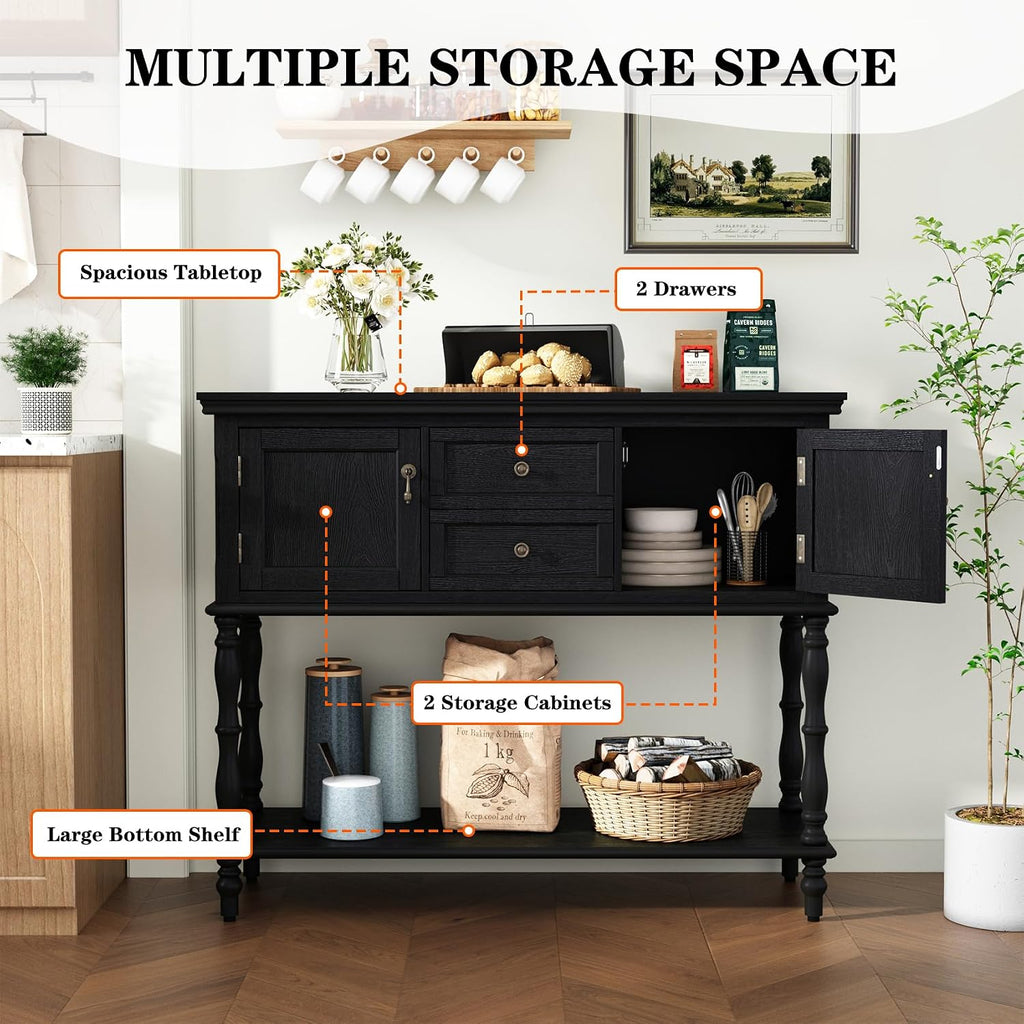 Console Table with 2 Drawers, Retro Entryway Table with 2 Door Cabinets and Open Storage Shelf, Narrow Long Behind