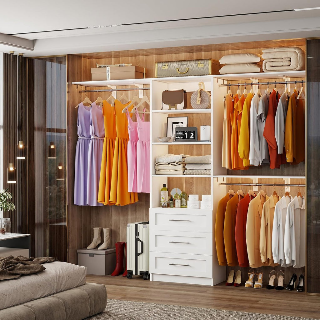 Closet System with 3 Wood Drawers, 5-8FT Closet Organizer System with Cuttable Shelves for Walk in Closet with 3