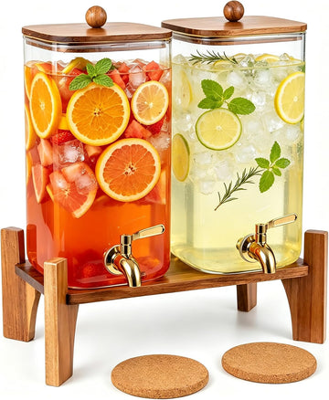 1.5 Gallon Square Drink Dispensers for Parties,Beverage Dispenser with Wood stand&Lid,Large Water Dispenser - Set of 2