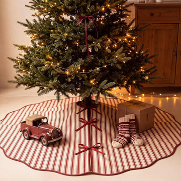 48" Dark Red Striped Christmas Tree Skirt, Primitive Xmas Tree Skirt