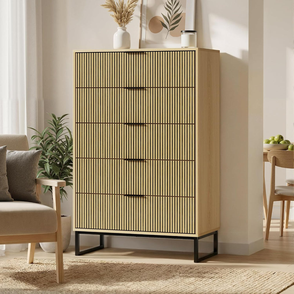 Tall 5 Drawers Dresser , Natural Wood Dresser with Metal Handle, 49.2'' Chest of Drawers Modern Drawer Organizer with