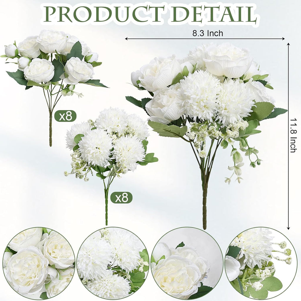 16 Bundles Peonies Artificial Flowers Bulk - White | Silk Faux Peony, Floral Arrangements Fake Peonies, for DIY