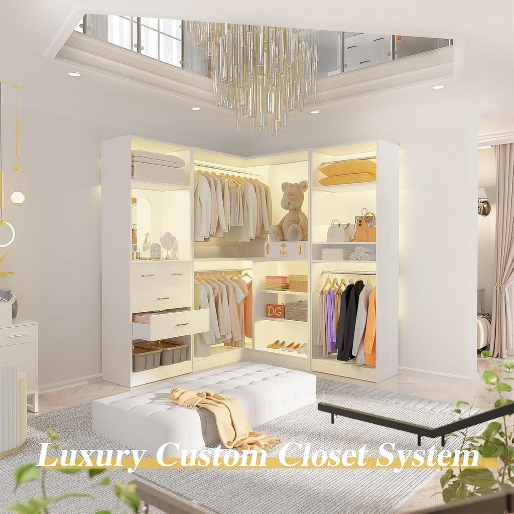 86" Closet System, Large Corner Closets Organizer with Hanging Rods and Mirror Design, Freestanding Adjustable Wood