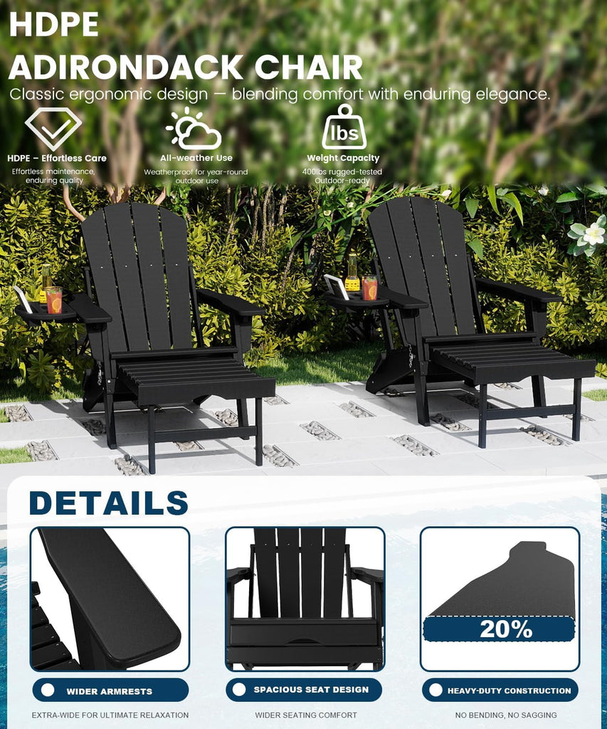 Folding Adjustable Adirondack Chair with Ottoman Set of 2 | HDPE Adirondack Chairs w/4 in 1 Cup Holder