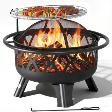 Outdoor Fire Pit for Wood, Portable Fire Pits for Outside Wood Burning, Patio Firepits for Outside with Grill