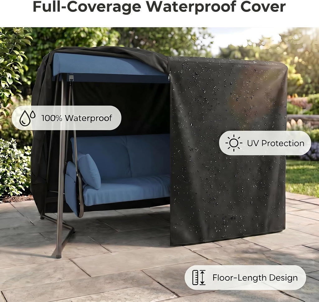 3-4 Seat Oversized Outdoor Porch Swing with Adjustable Backrest Canopy,2-in 1 Swing Bed with Stand 800 lbs