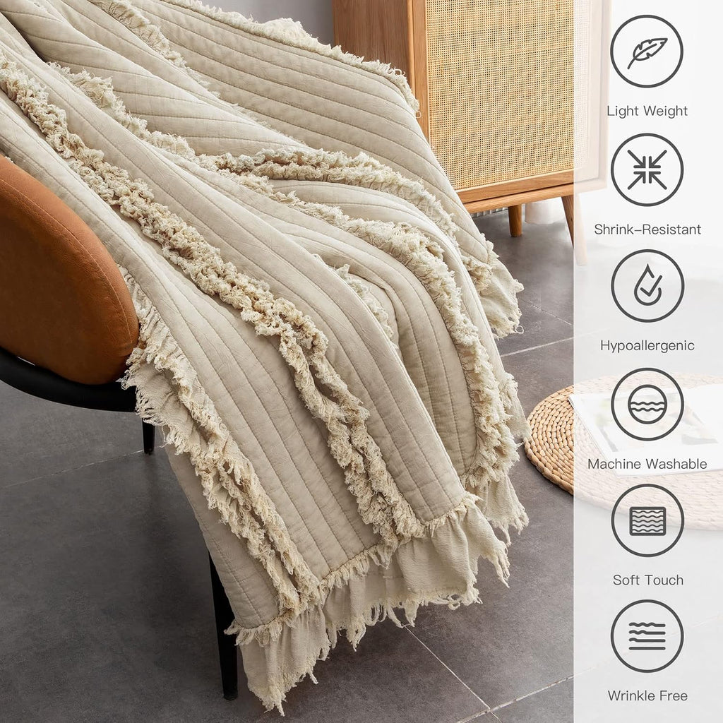 Ultra Soft Pre-Washed Quilted Boho Throw Blanket, Ruffle Fringed Beige Decorative Throw, Stone Washed Chic Rustic
