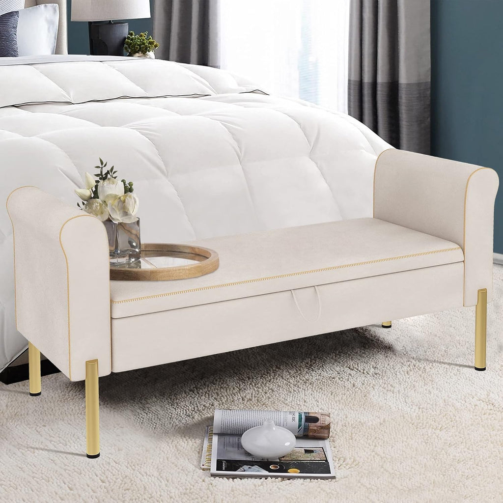 Modern Blue Velvet Storage Bench End of Bed Bench Ottoman, Upholstered Armed Entryway Bench Long Settee