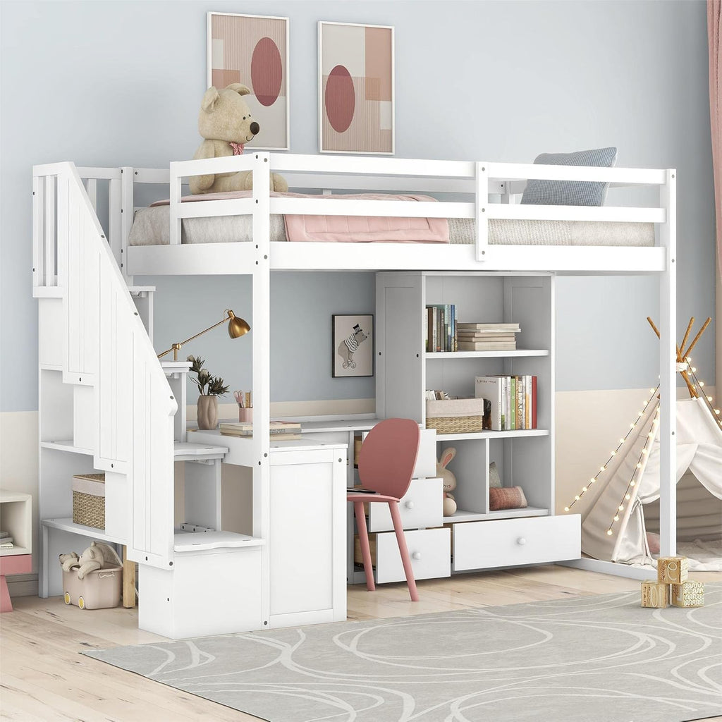 Twin Loft Bed with L Shaped Desk, Storage Drawers and Bookcase