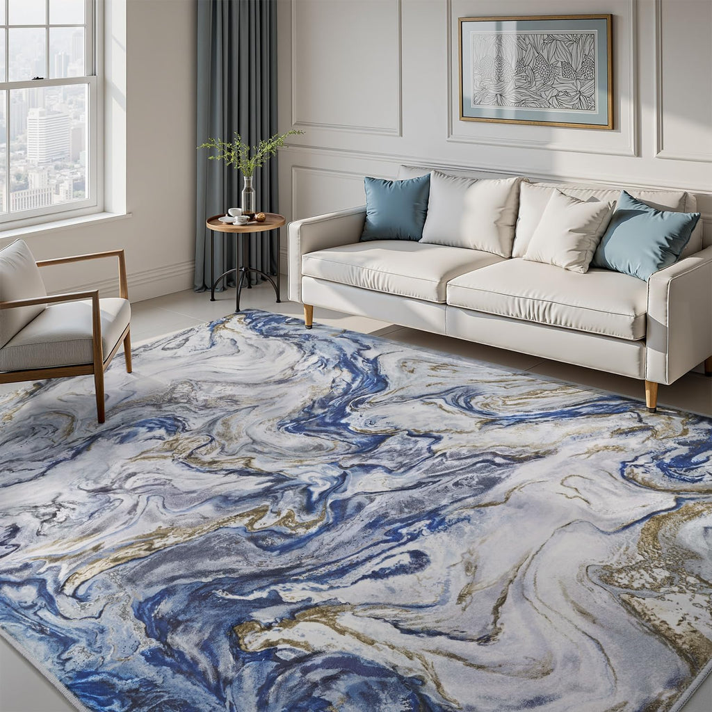 Abstract 9'x12' Area Rug, Washable Non-Slip Low Pile, Marble Blue