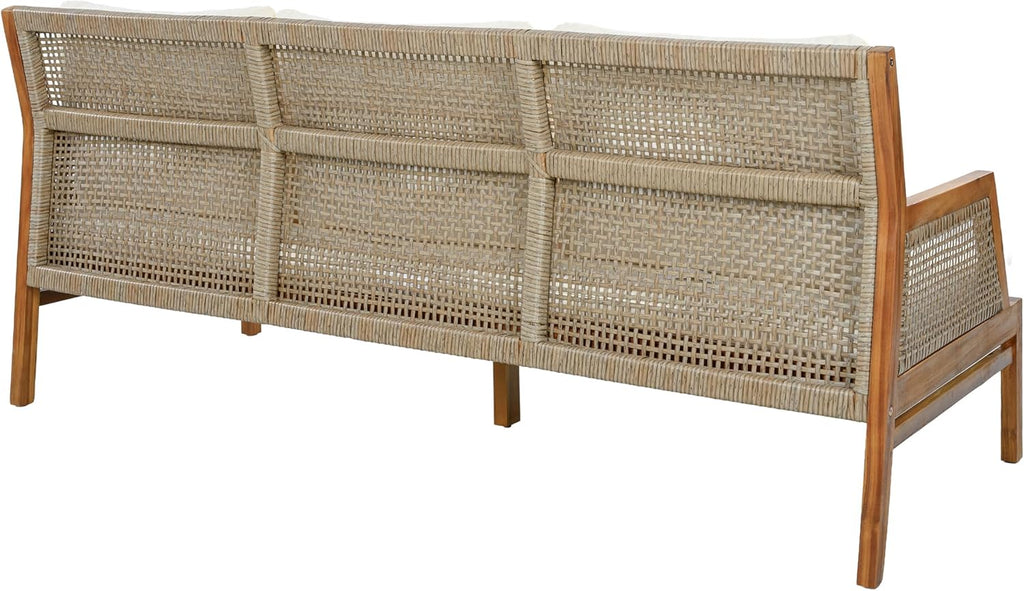 4-Piece Acacia Wood Patio Furniture Set, Outdoor Wicker Furniture Sectional Sofa Set with Coffee Table, 5 Seats Sofa