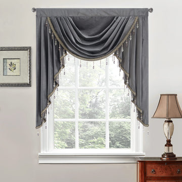 Thick Velvet Window Curtains Valance, Grey Waterfall Single Swag Valance with Luxury Beads /Kitchen, W39 inches, 1